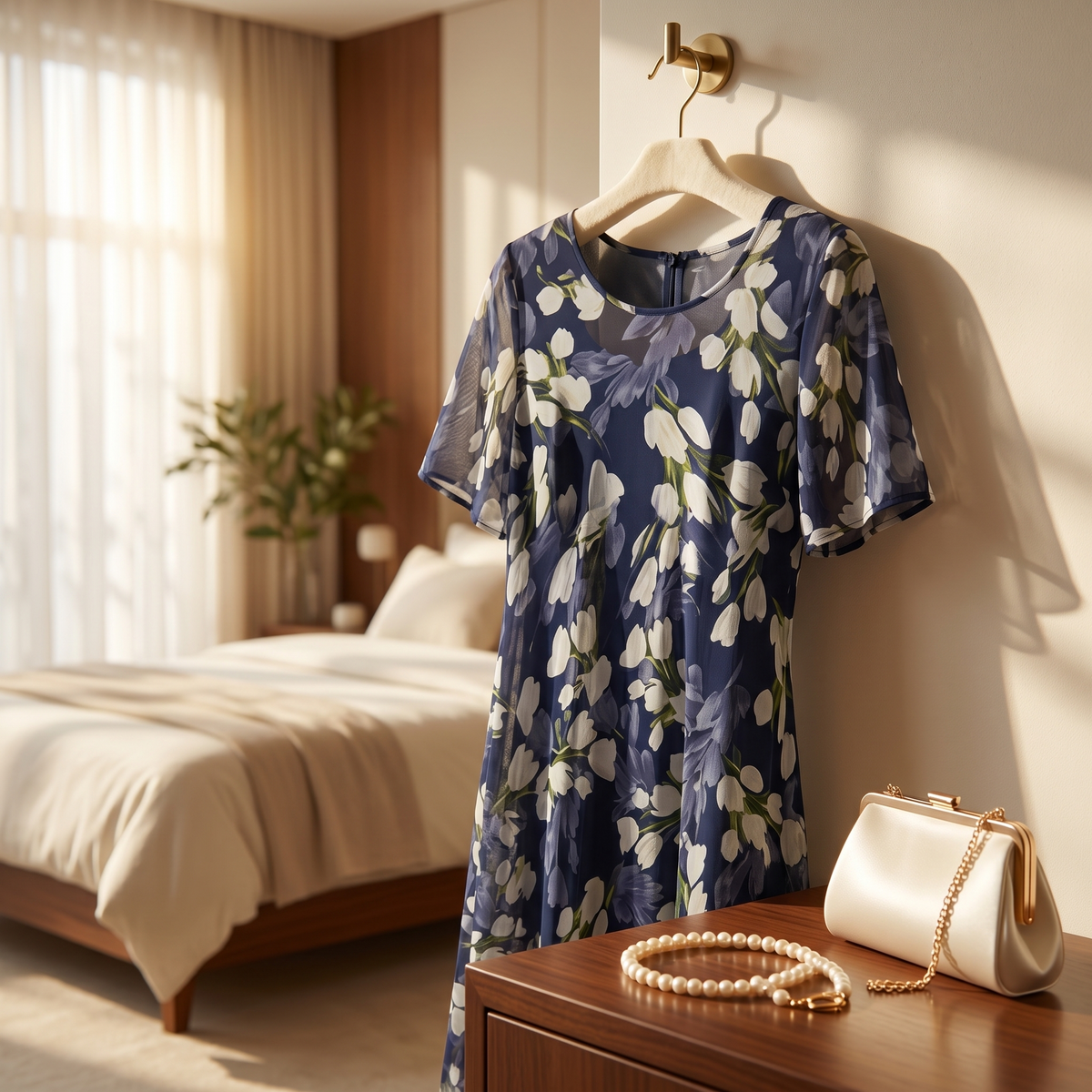 Women's navy floral chiffon dress - detail