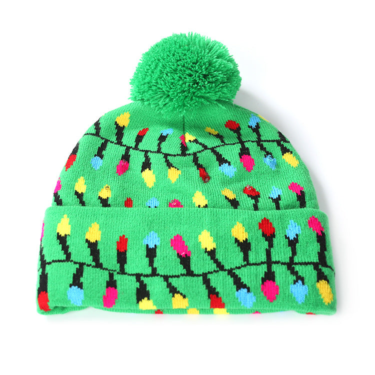 Knitted light-up Christmas beanie with a lettered turn-up and big pompom - green fairy lights