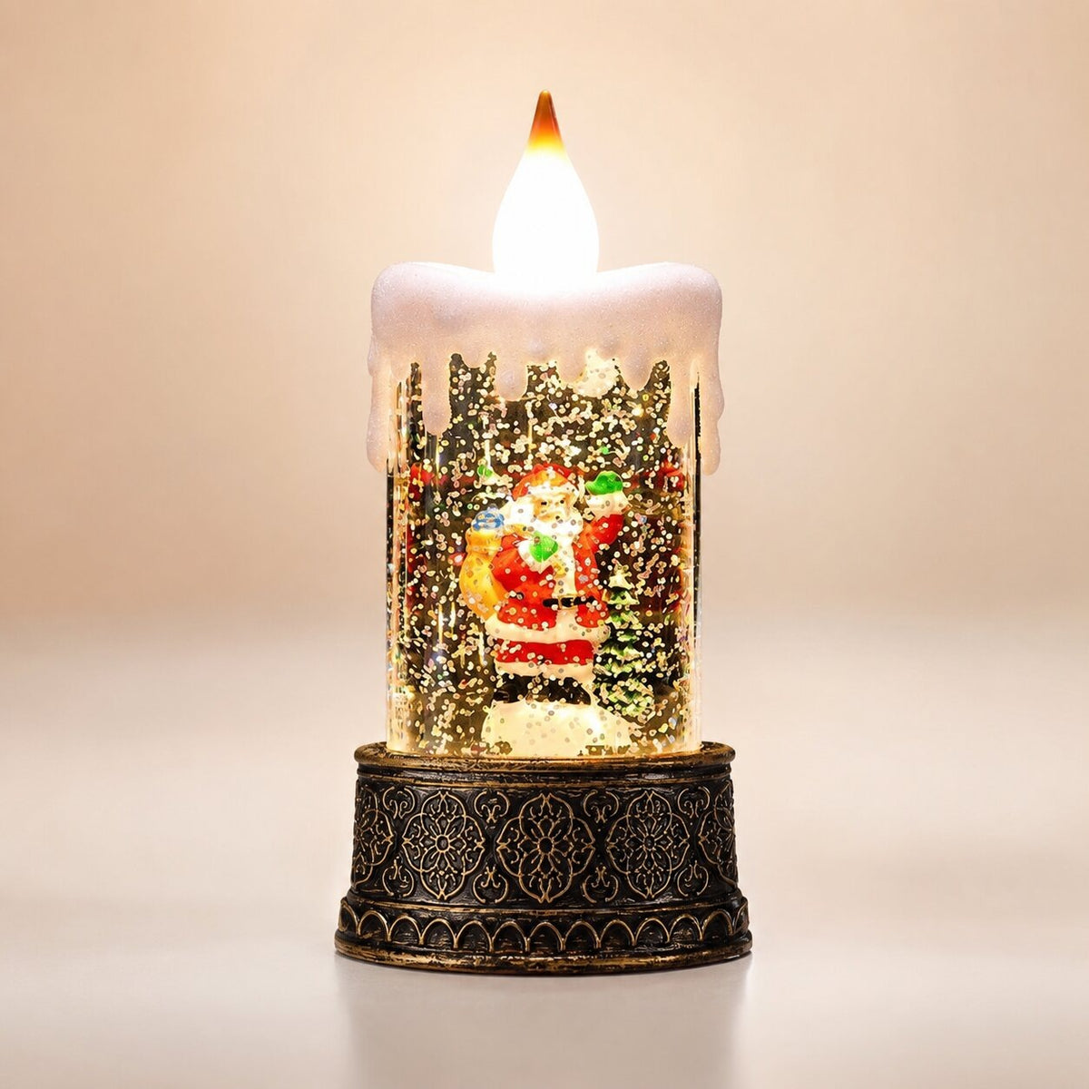 Light-up Christmas lantern with glitter and Santa - candle with santa
