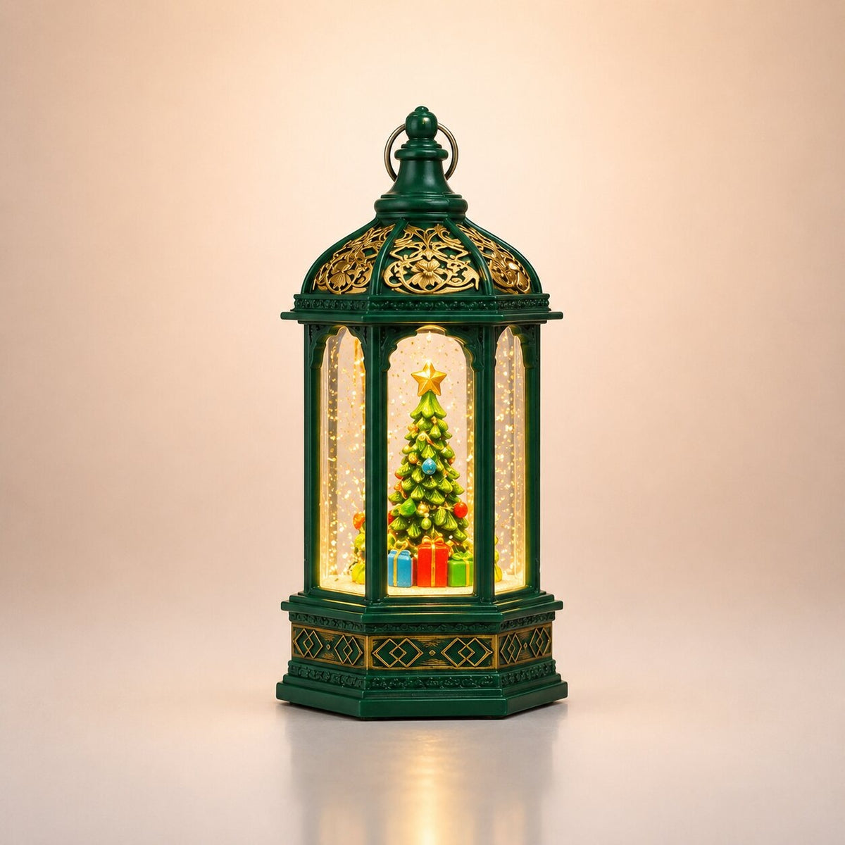 Light-up Christmas lantern with glitter and Santa - green lantern with tree