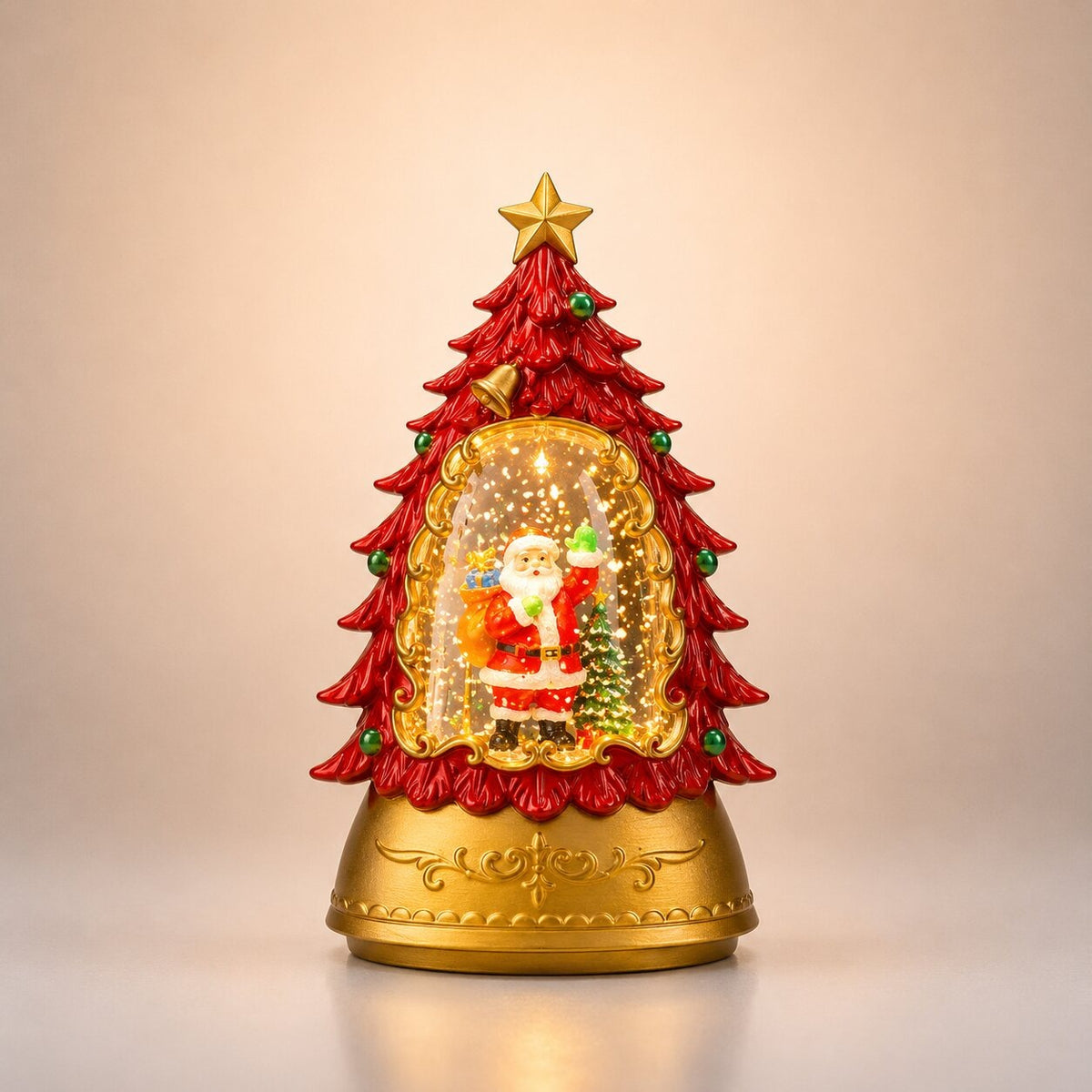 Light-up Christmas lantern with glitter and Santa - red tree with santa