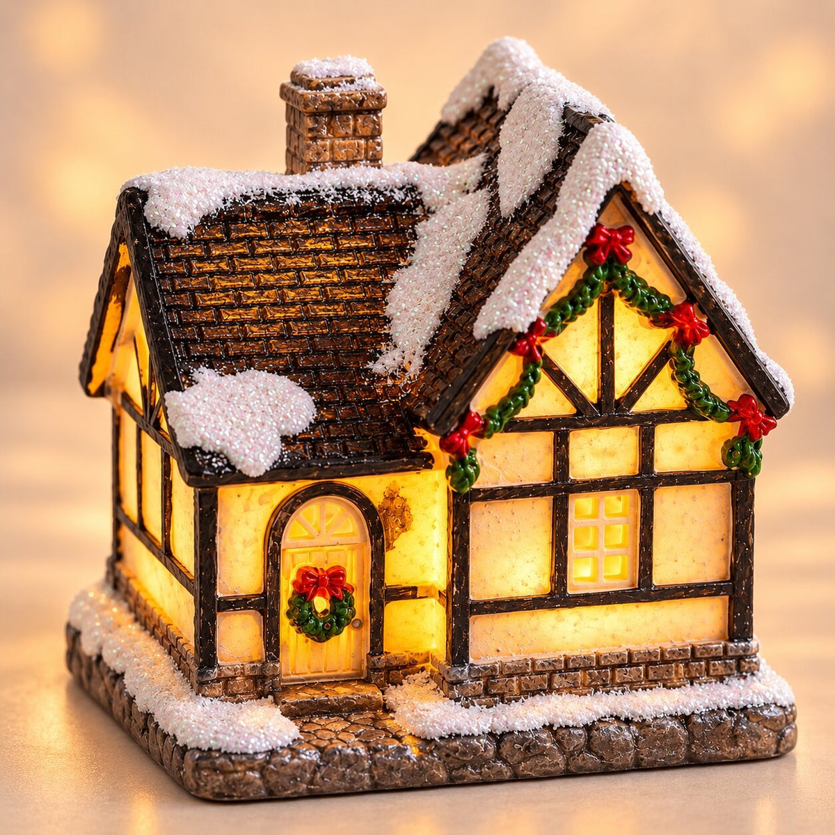 Light-up Christmas house with snow on the roof - tudor cottage