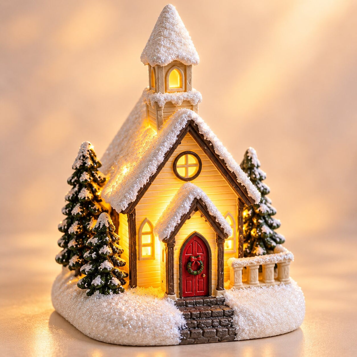 Light-up Christmas house with snow on the roof - snowy chapel