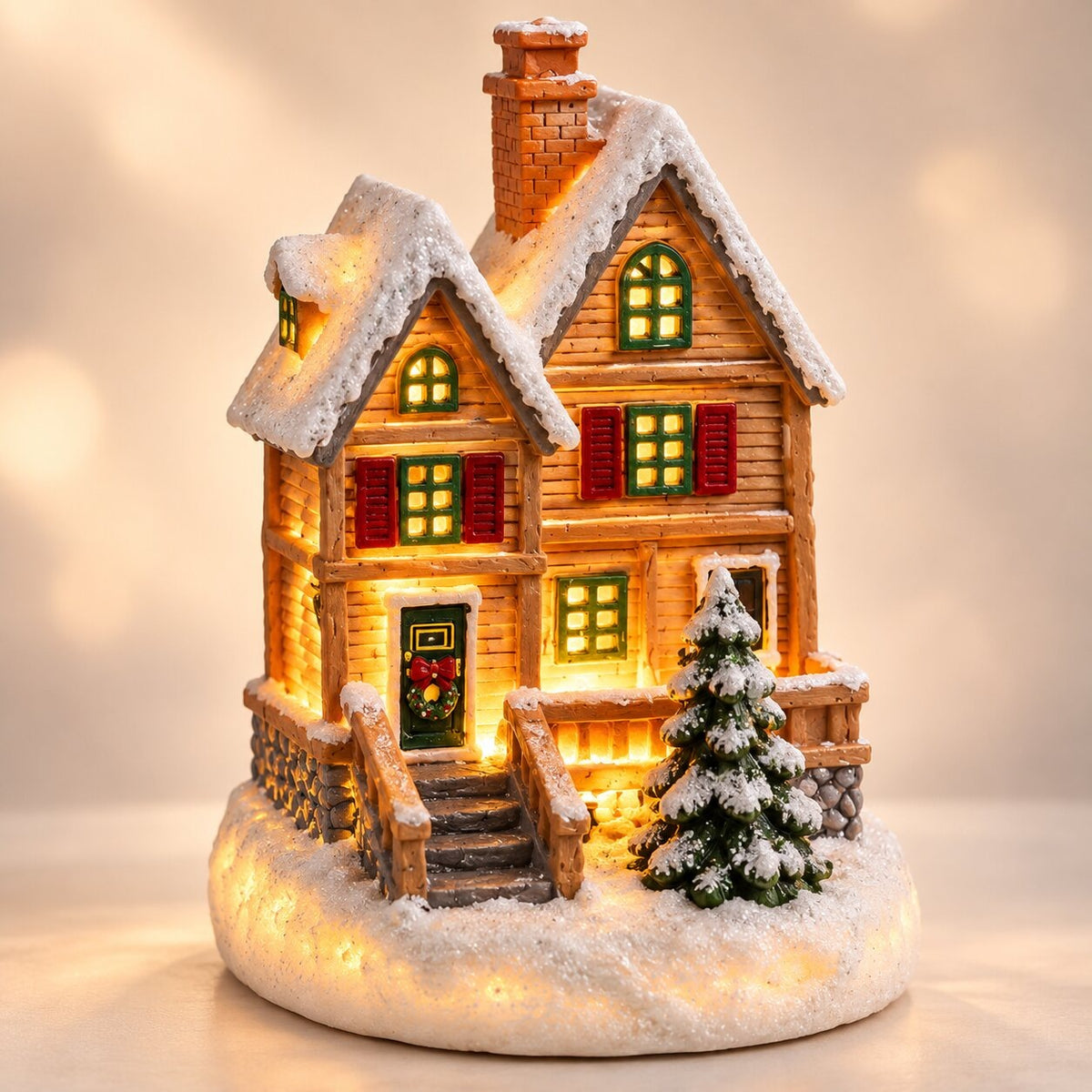 Light-up Christmas house with snow on the roof - house with red shutters