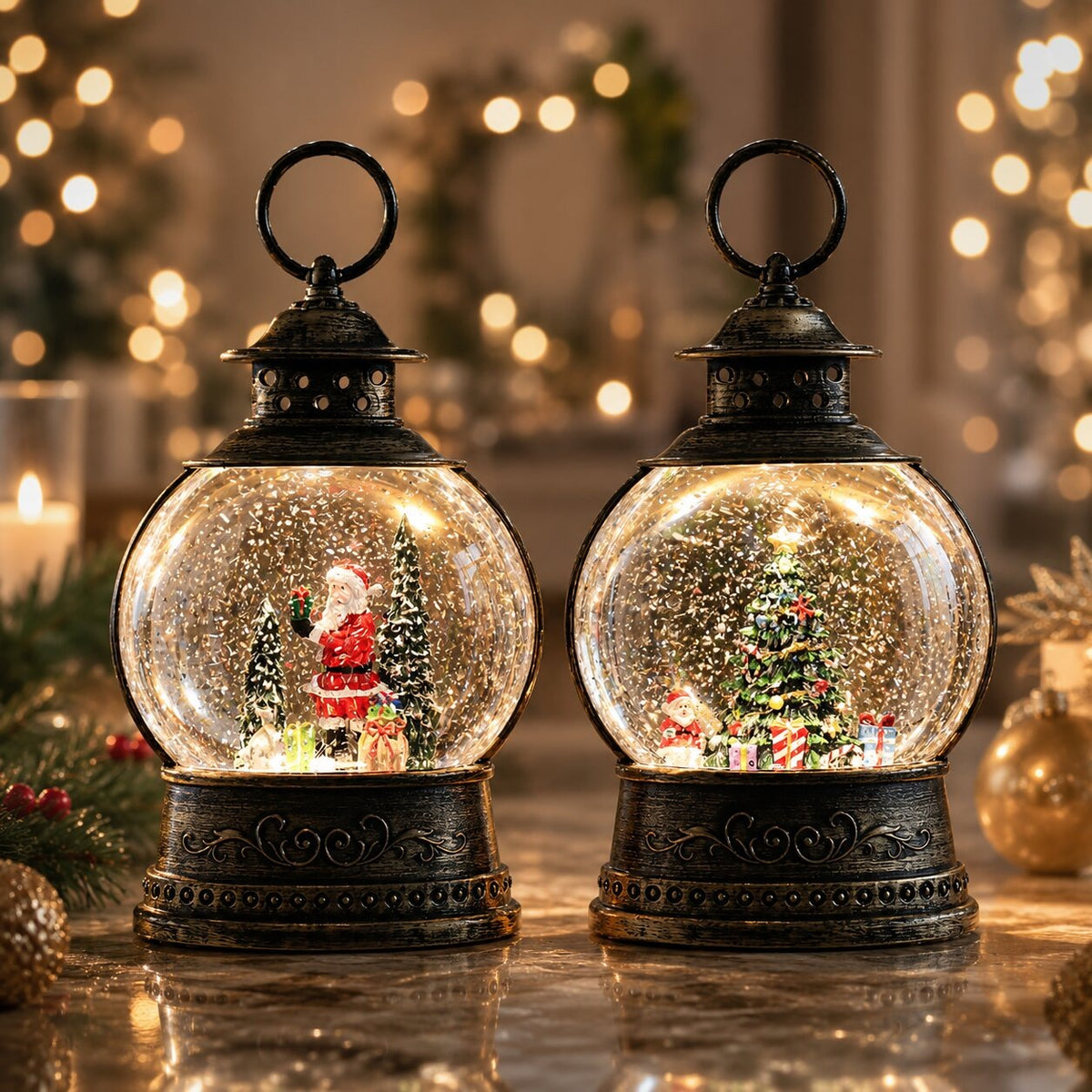 Light-up snow globe lantern in antique bronze with a Christmas scene - view 2