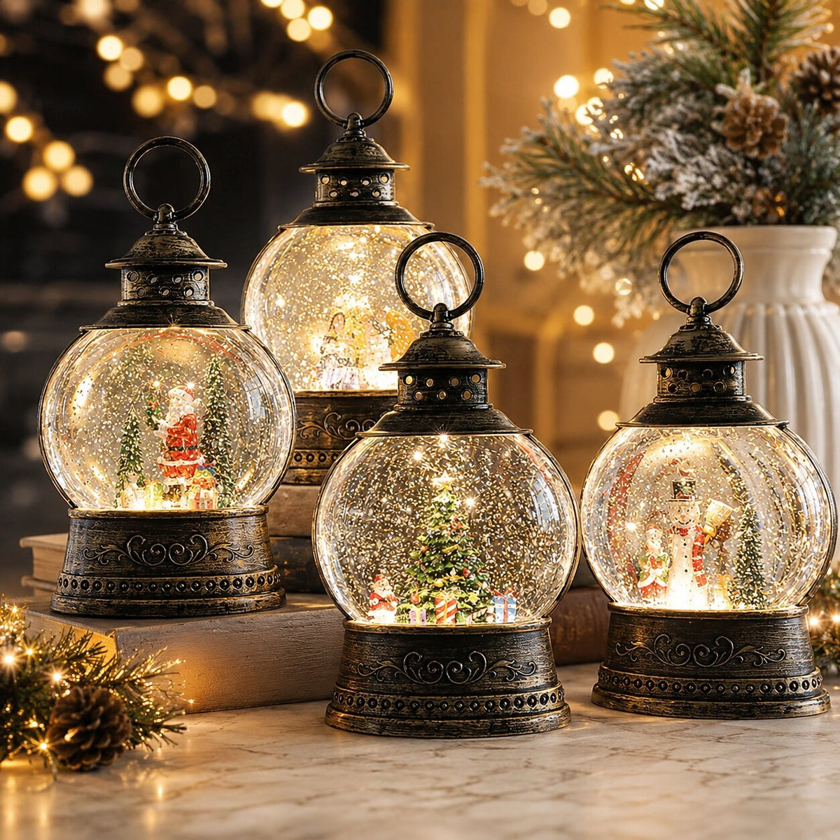 Light-up snow globe lantern in antique bronze with a Christmas scene - view 3