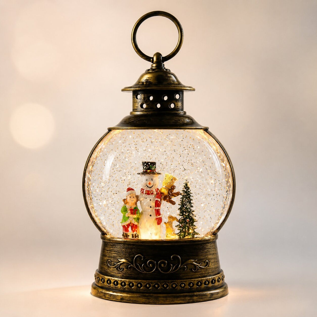 Light-up snow globe lantern in antique bronze with a Christmas scene - snowman