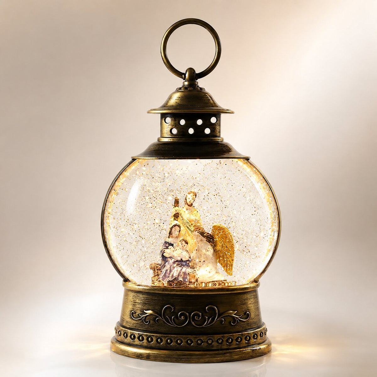 Light-up snow globe lantern in antique bronze with a Christmas scene - nativity scene