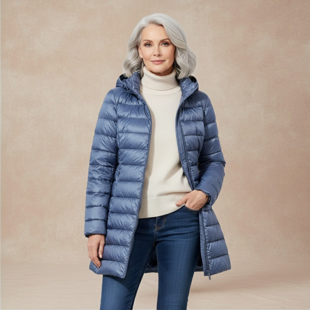 Women's lightweight padded coat with a detachable hood - light blue