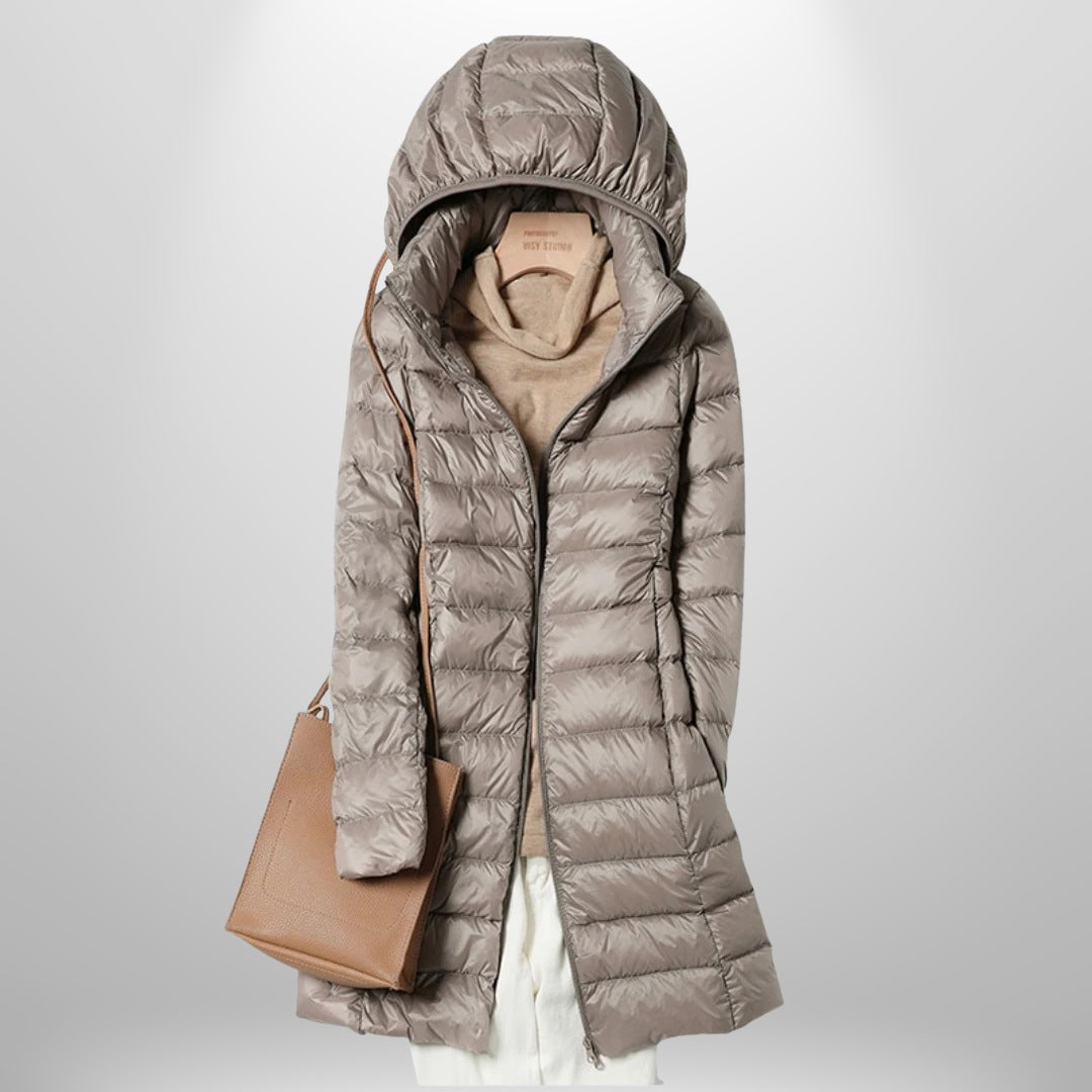 Women's lightweight padded coat with a detachable hood - taupe