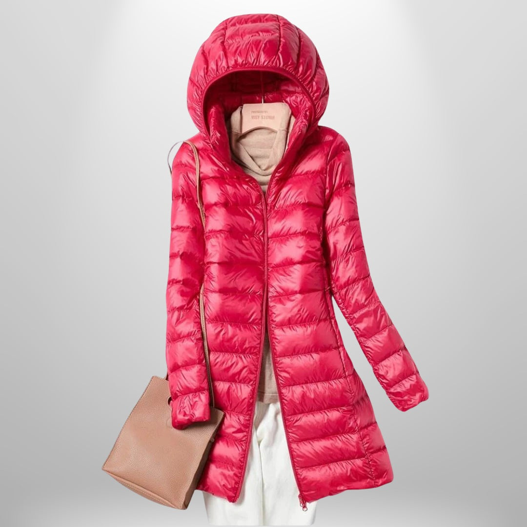 Women's lightweight padded coat with a detachable hood - red