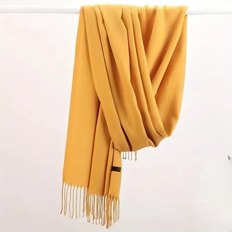 Women's lightweight plain scarf with a short fringe at both ends - mustard yellow