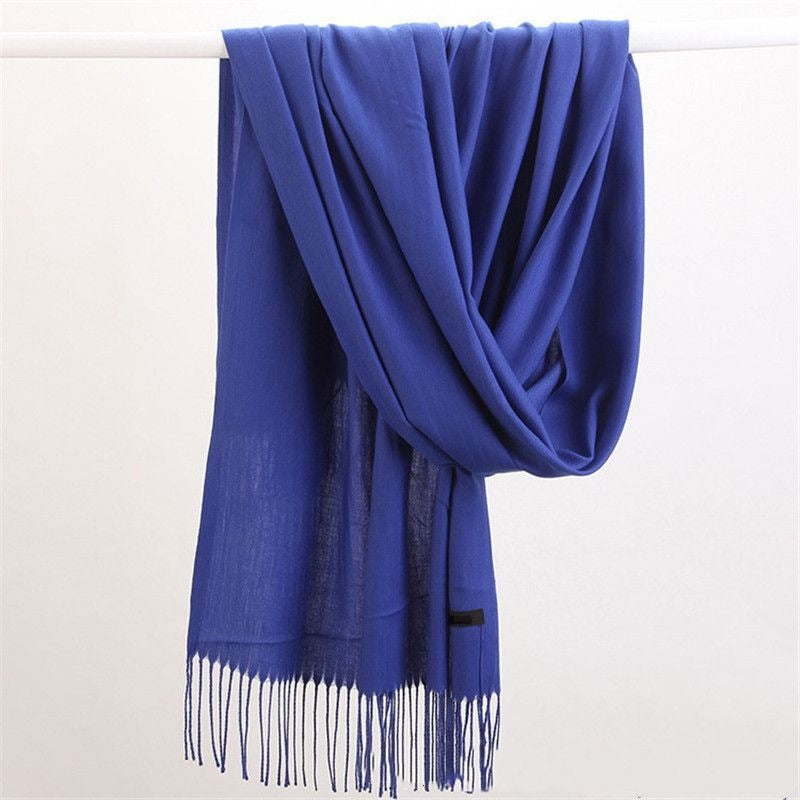 Women's lightweight plain scarf with a short fringe at both ends - cobalt blue