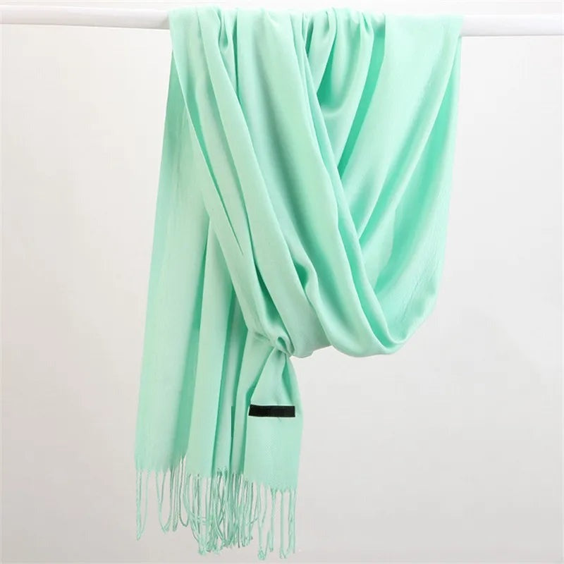 Women's lightweight plain scarf with a short fringe at both ends - mint green