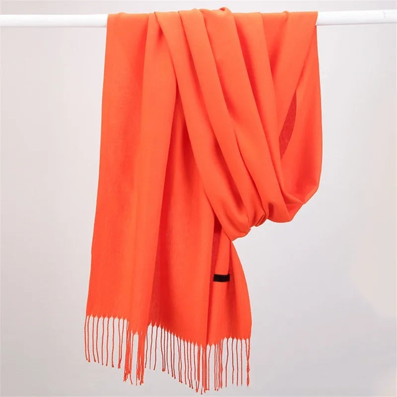 Women's lightweight plain scarf with a short fringe at both ends - orange