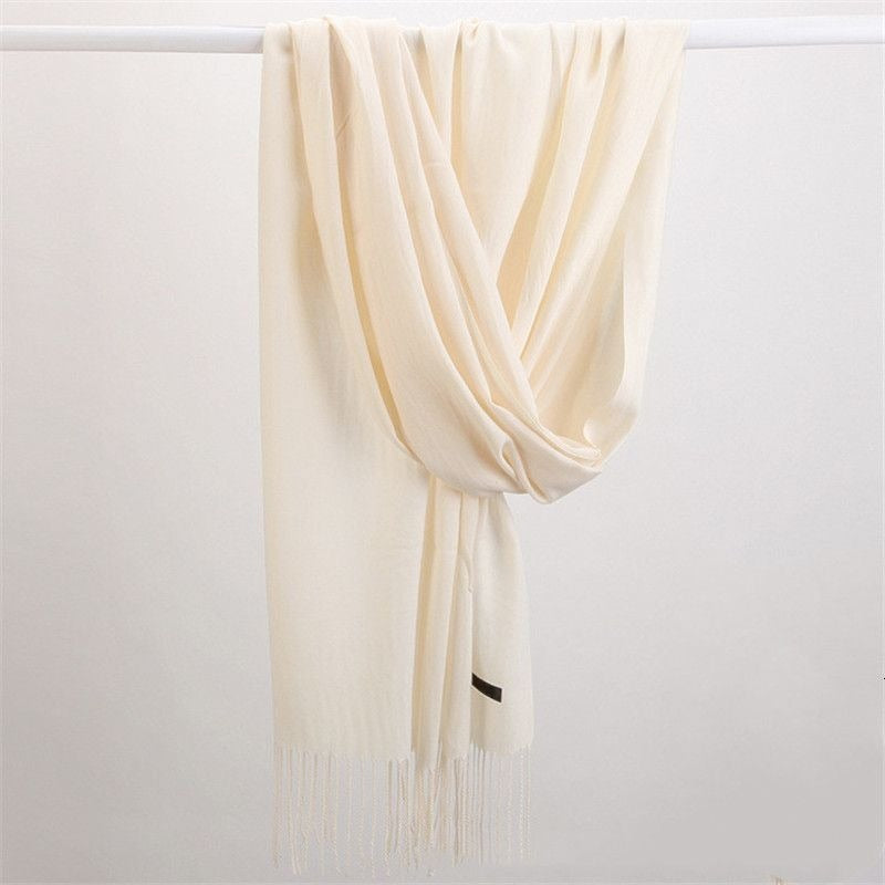 Women's lightweight plain scarf with a short fringe at both ends - cream