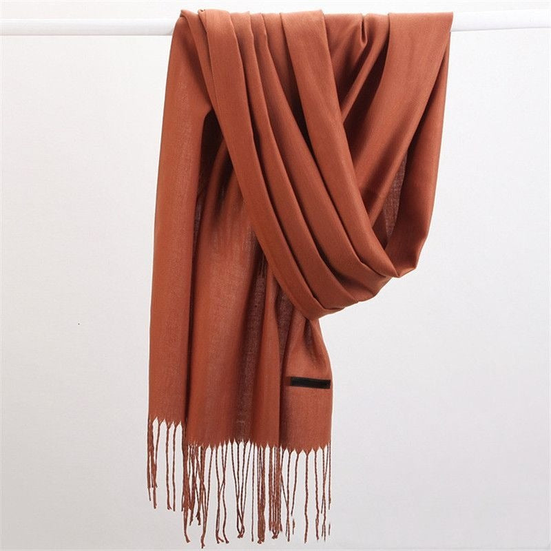 Women's lightweight plain scarf with a short fringe at both ends - rust brown