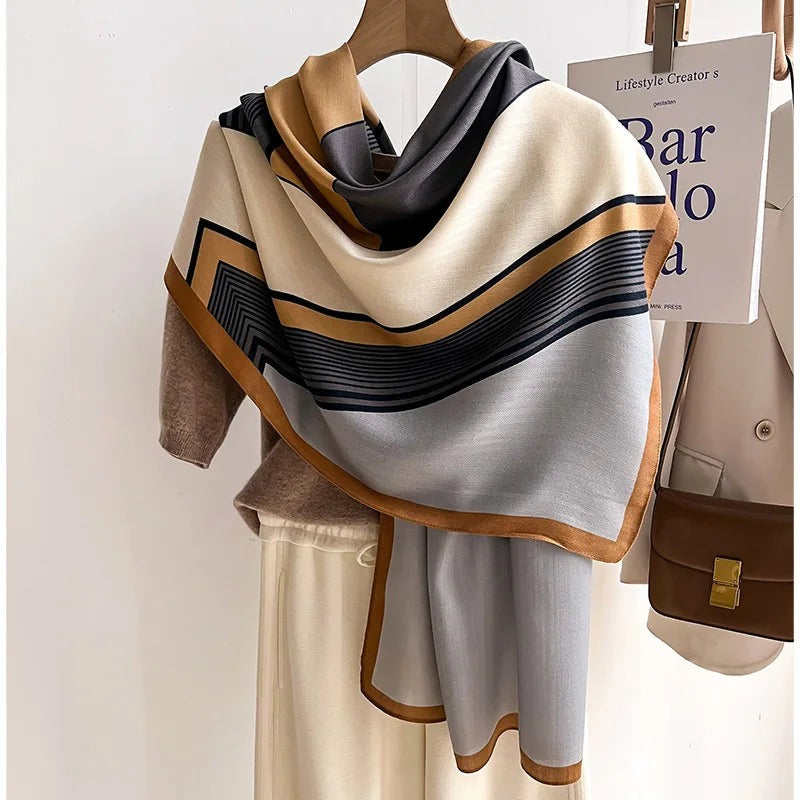 Women's lightweight scarf with a graphic print of blocks and stripes and a narrow contrast border - grey/camel