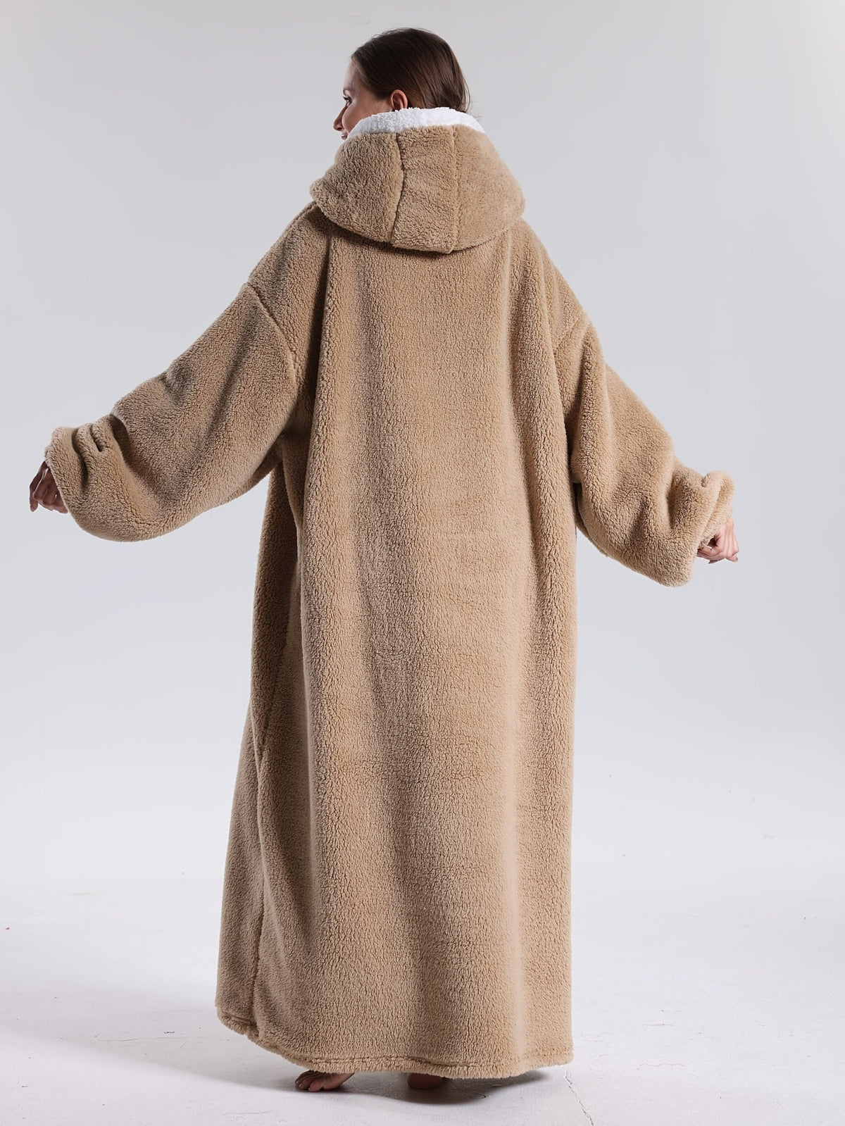 Extra long blanket hoodie with an apple-shaped pocket - camel, back