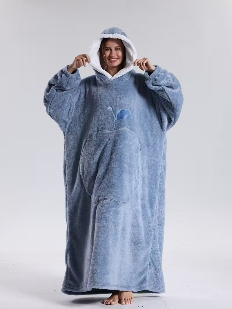 Extra long blanket hoodie with an apple-shaped pocket - light blue, front