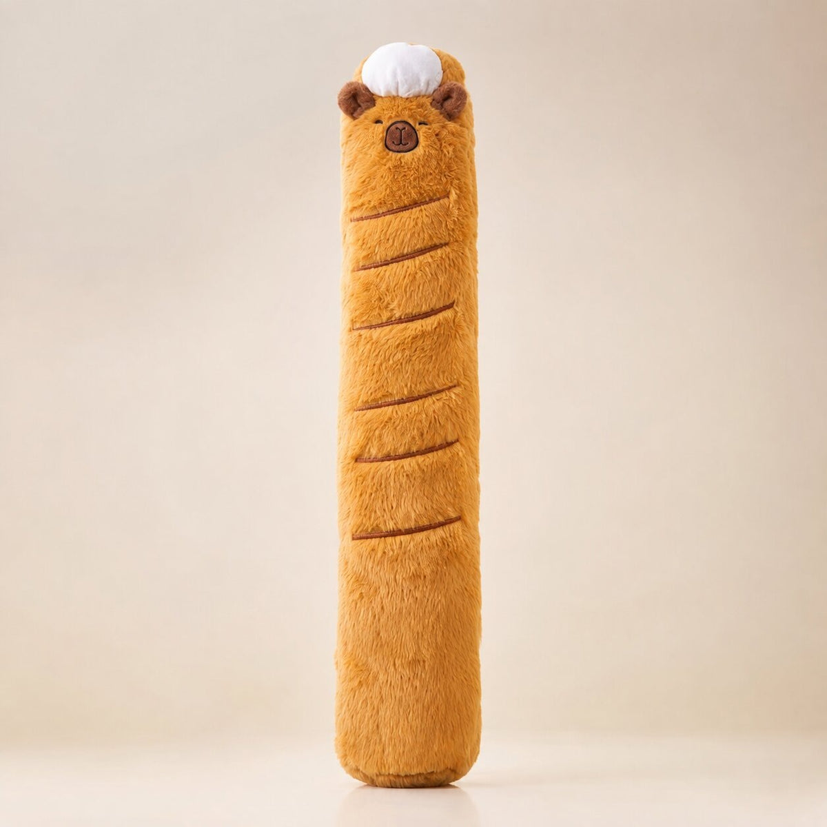Long 3 litre capybara hot water bottle with a plush cover and chef's hat - golden brown stripes