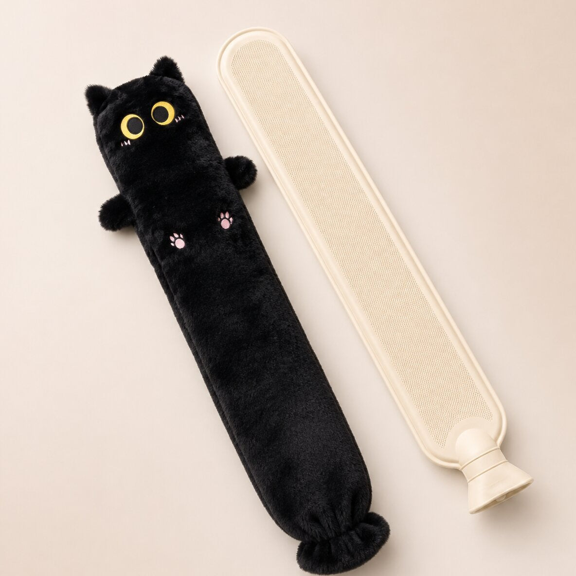 Long 75 cm cat hot water bottle with a soft plush cover - black