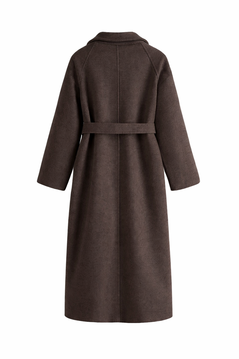 Women's long coat with a notch lapel and tie belt