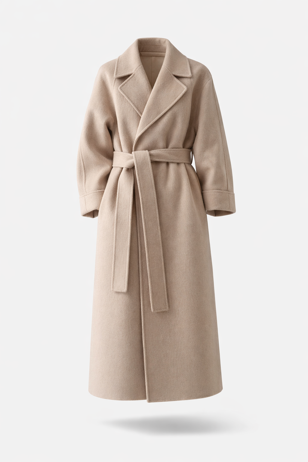 Women's long coat with a notch lapel and tie belt - beige
