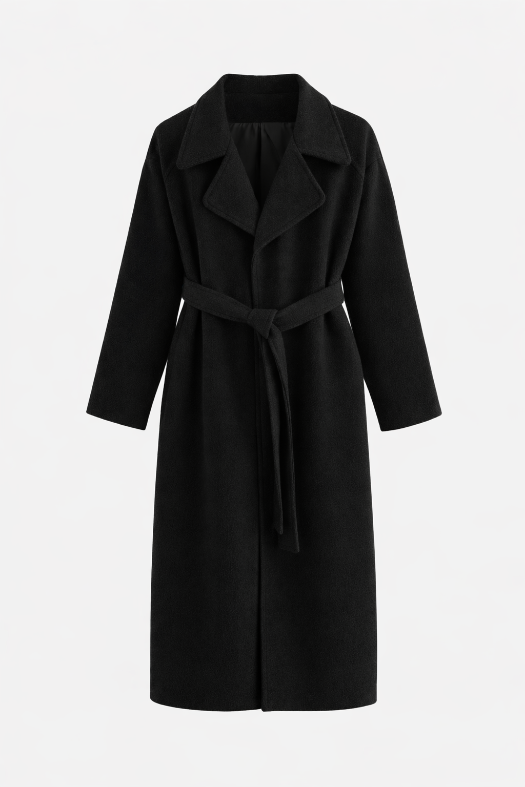 Women's long coat with a notch lapel and tie belt - black