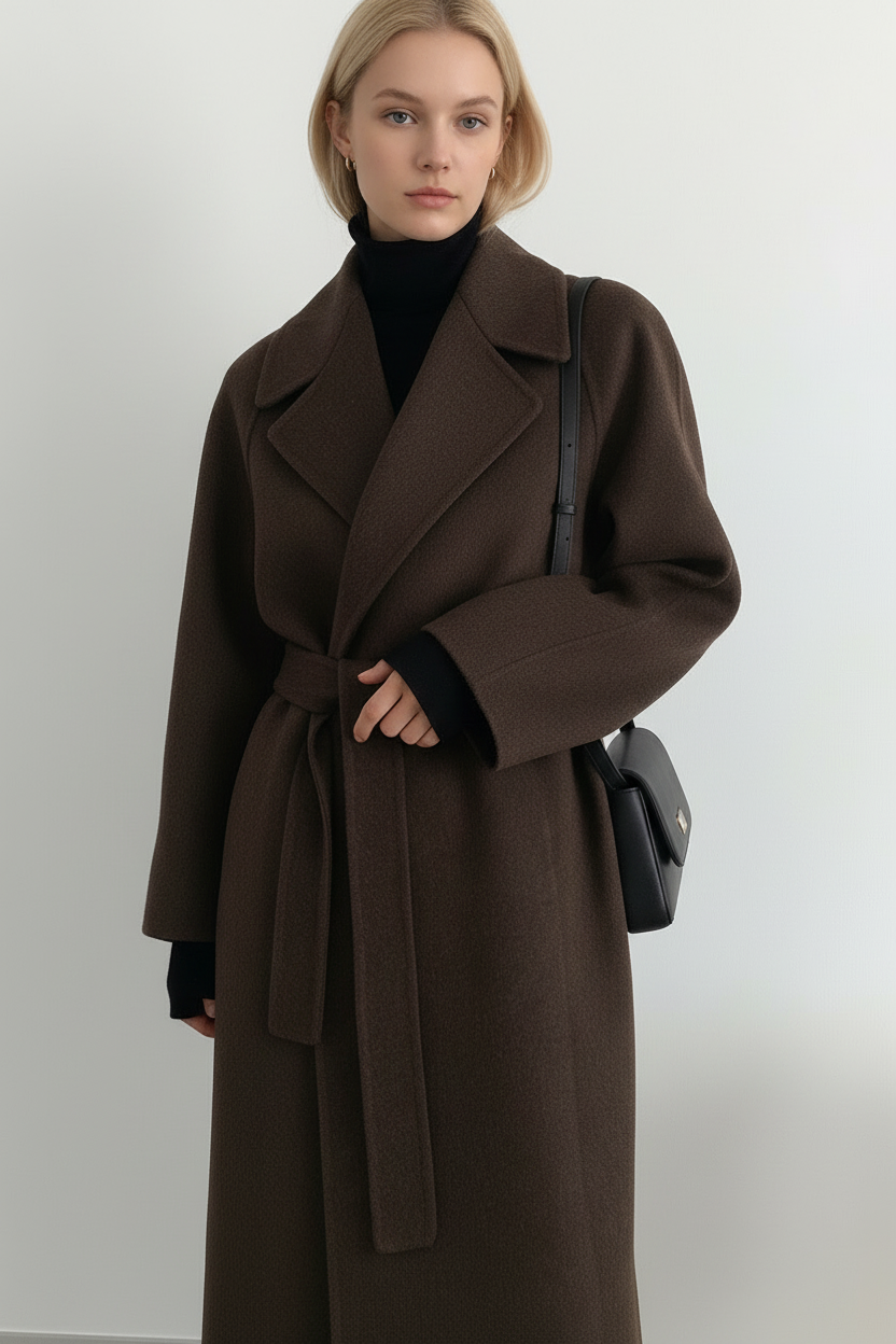 Women's long coat with a notch lapel and tie belt