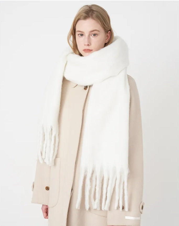 Women's long fluffy scarf with chunky tassels at both ends - white