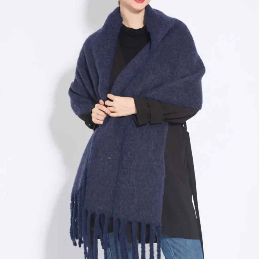 Women's long fluffy scarf with chunky tassels at both ends - navy