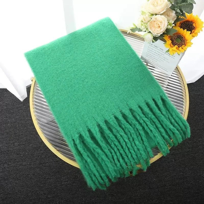 Women's long fluffy scarf with chunky tassels at both ends - green