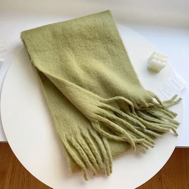 Women's long fluffy scarf with chunky tassels at both ends - olive green