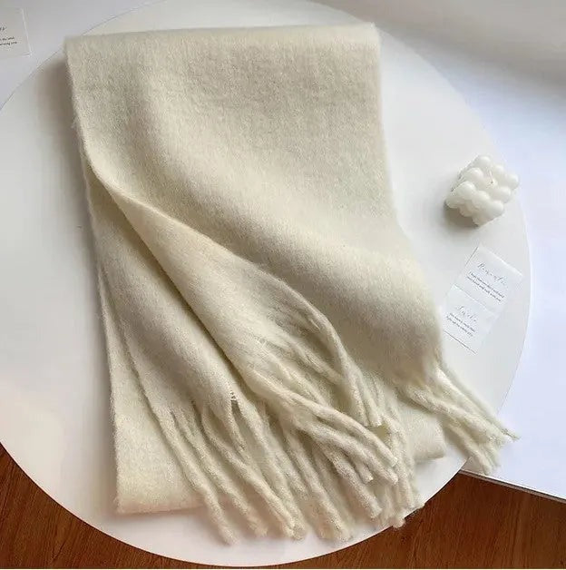 Women's long fluffy scarf with chunky tassels at both ends - cream