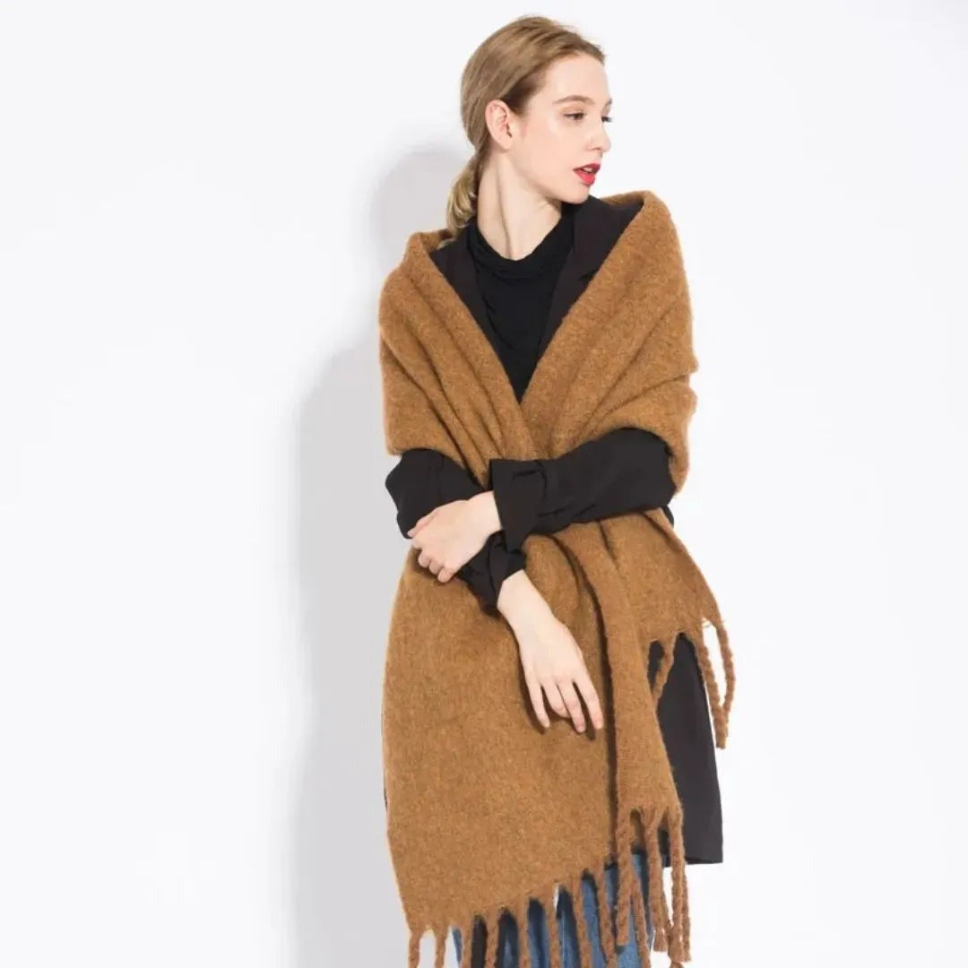 Women's long fluffy scarf with chunky tassels at both ends - camel