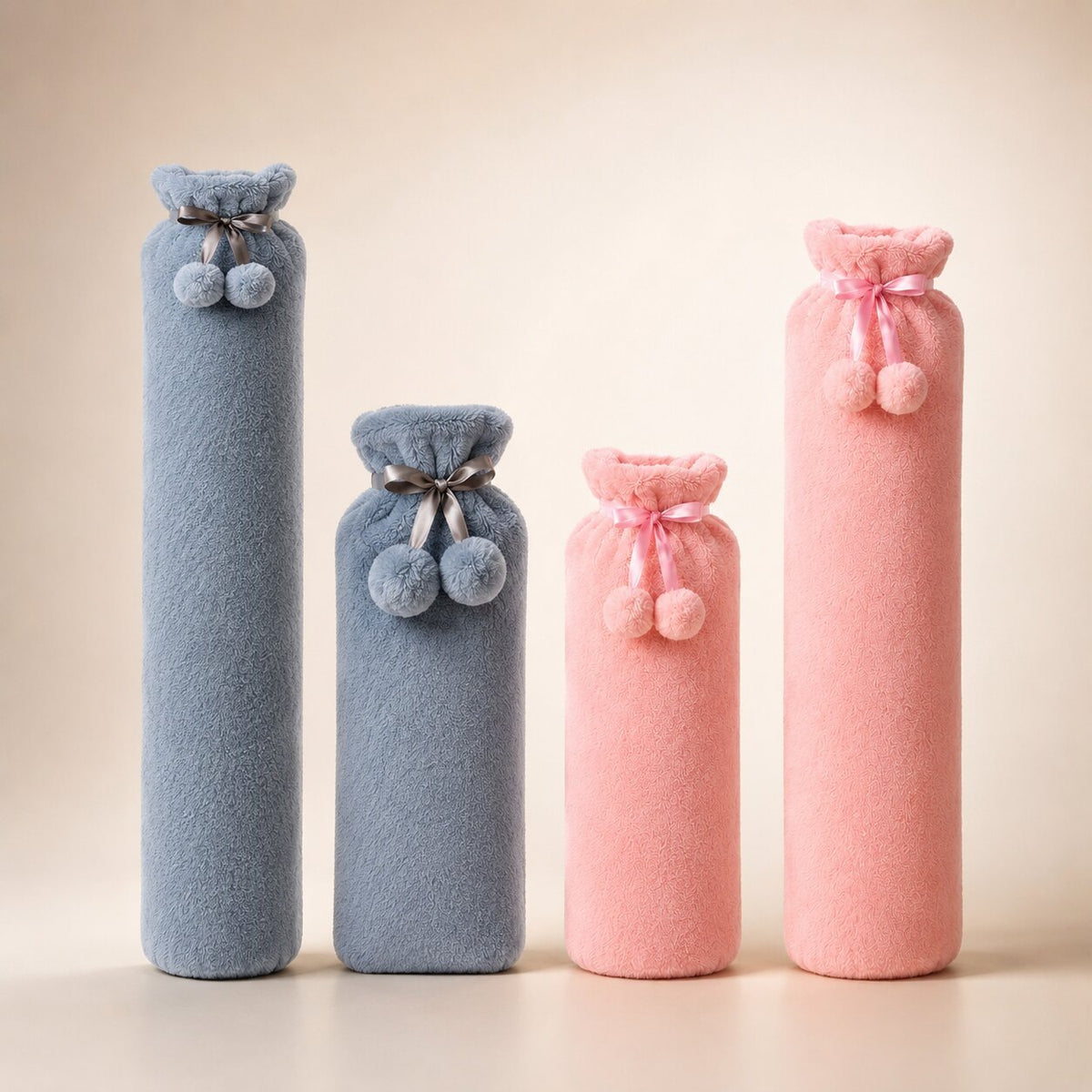 Long hot water bottle with a plush cover and pompoms, small or large
