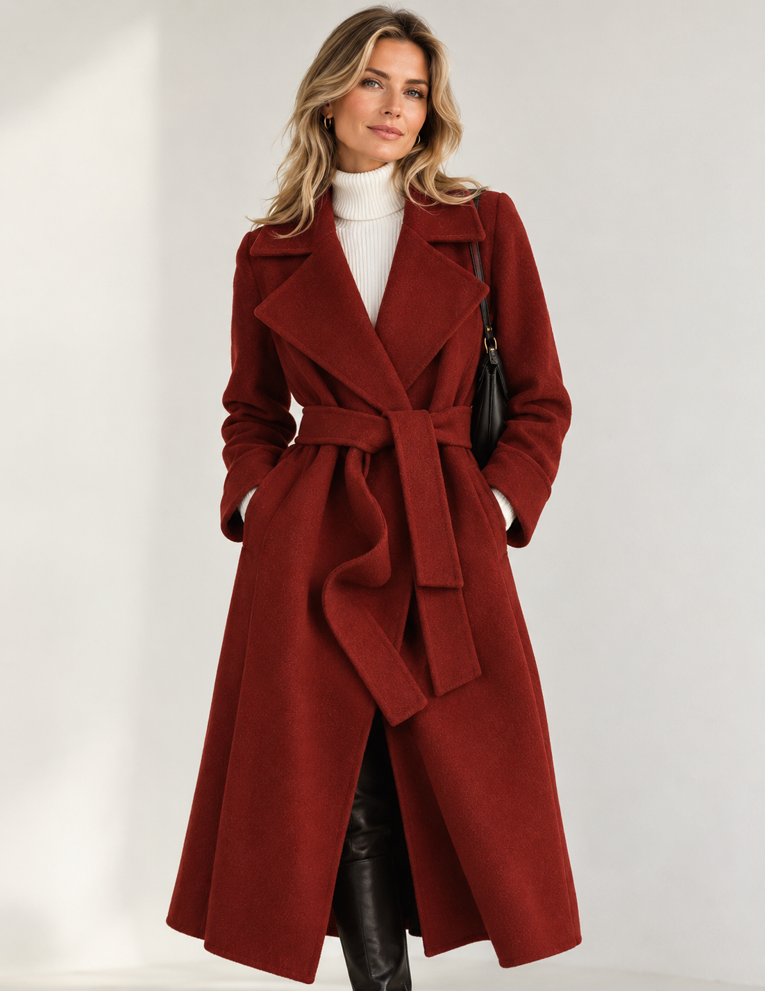 Women's long wrap coat in a wool-look fabric with a tie belt