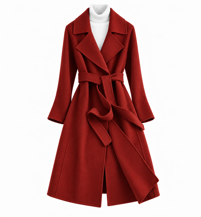 Women's long wrap coat in a wool-look fabric with a tie belt - brick red