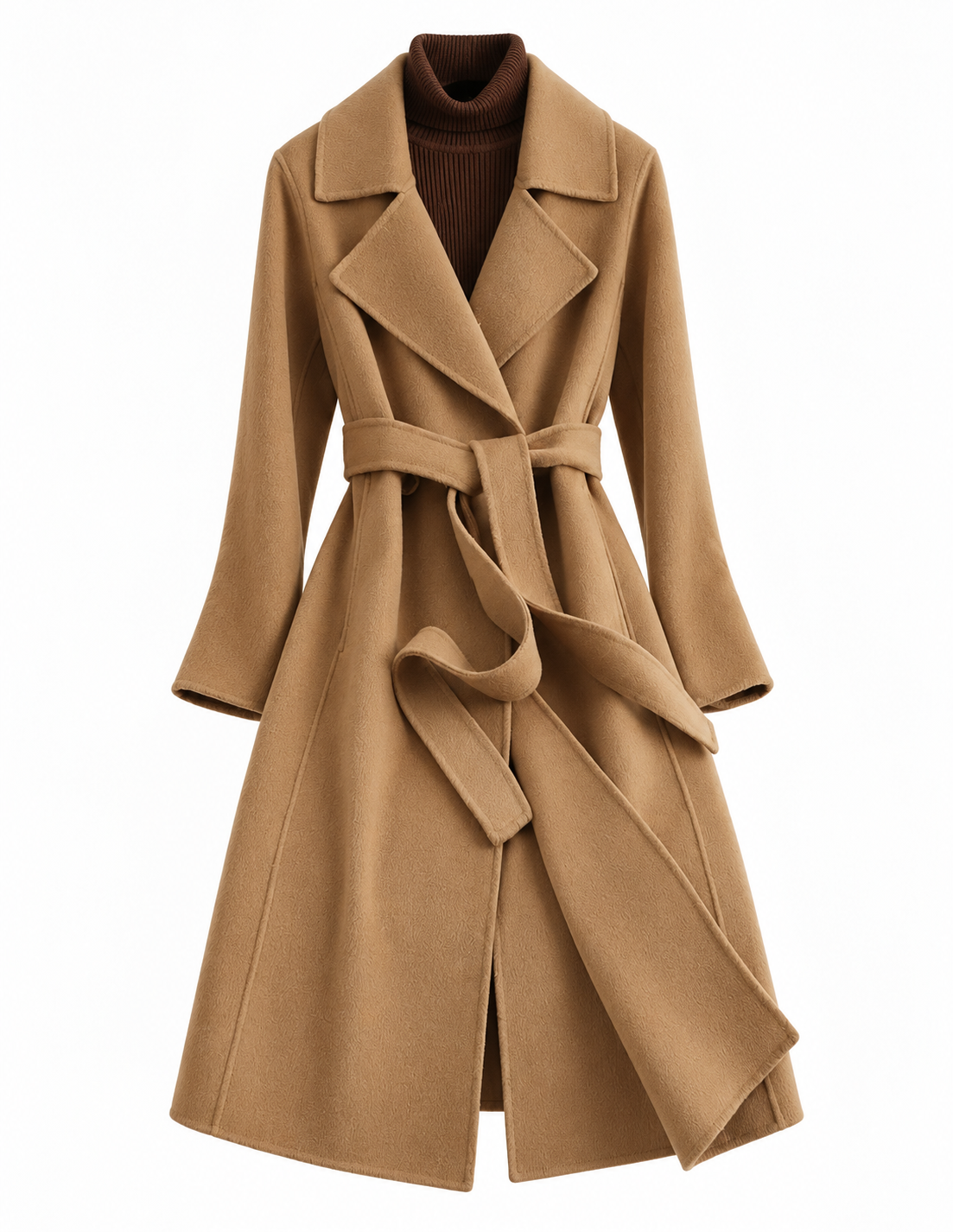 Women's long wrap coat in a wool-look fabric with a tie belt - camel
