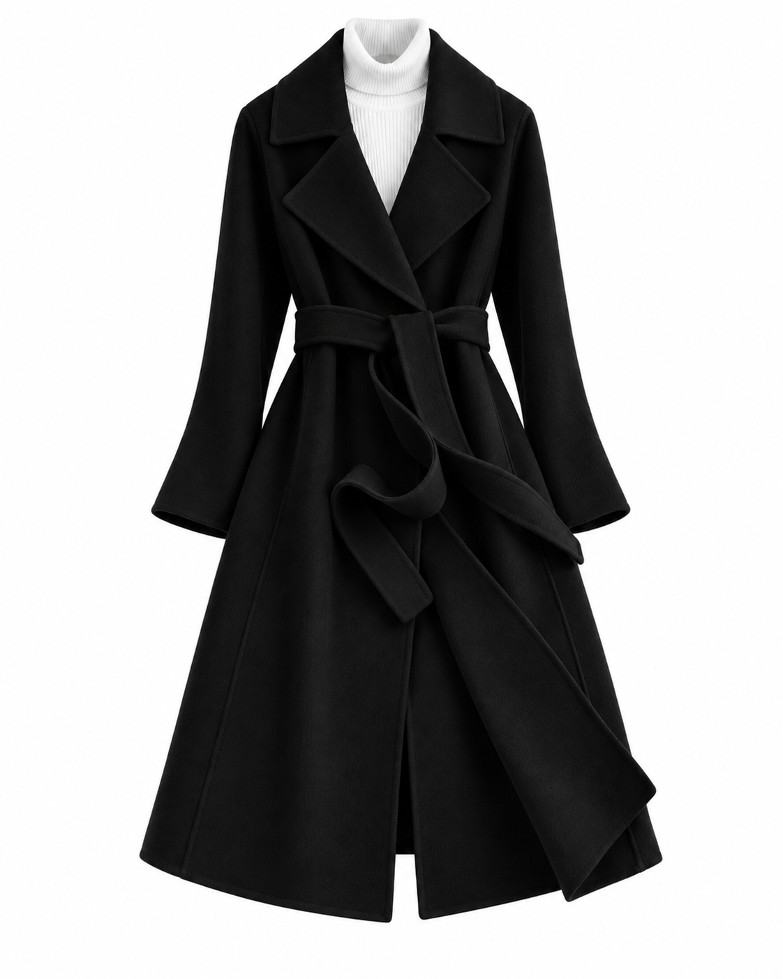 Women's long wrap coat in a wool-look fabric with a tie belt - black