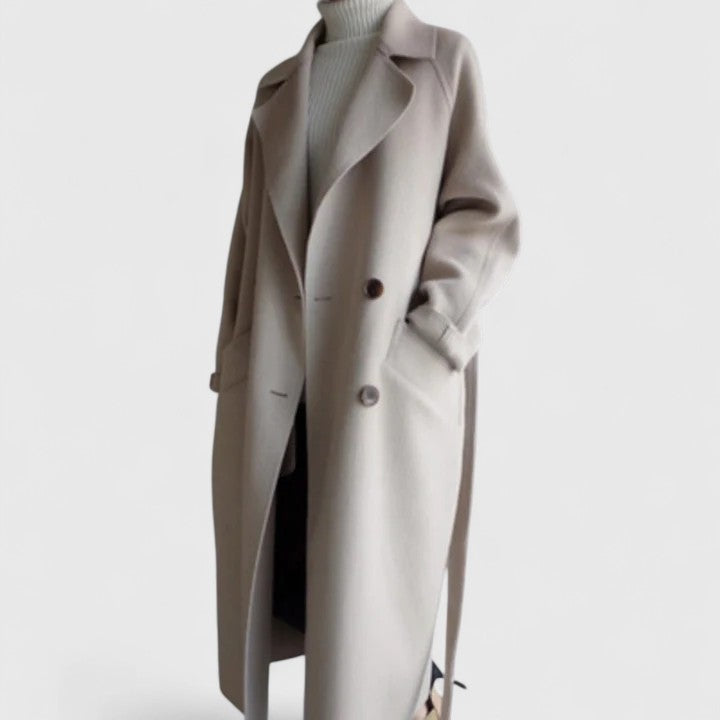 Women's longline wool-look belted coat with patch pockets - beige