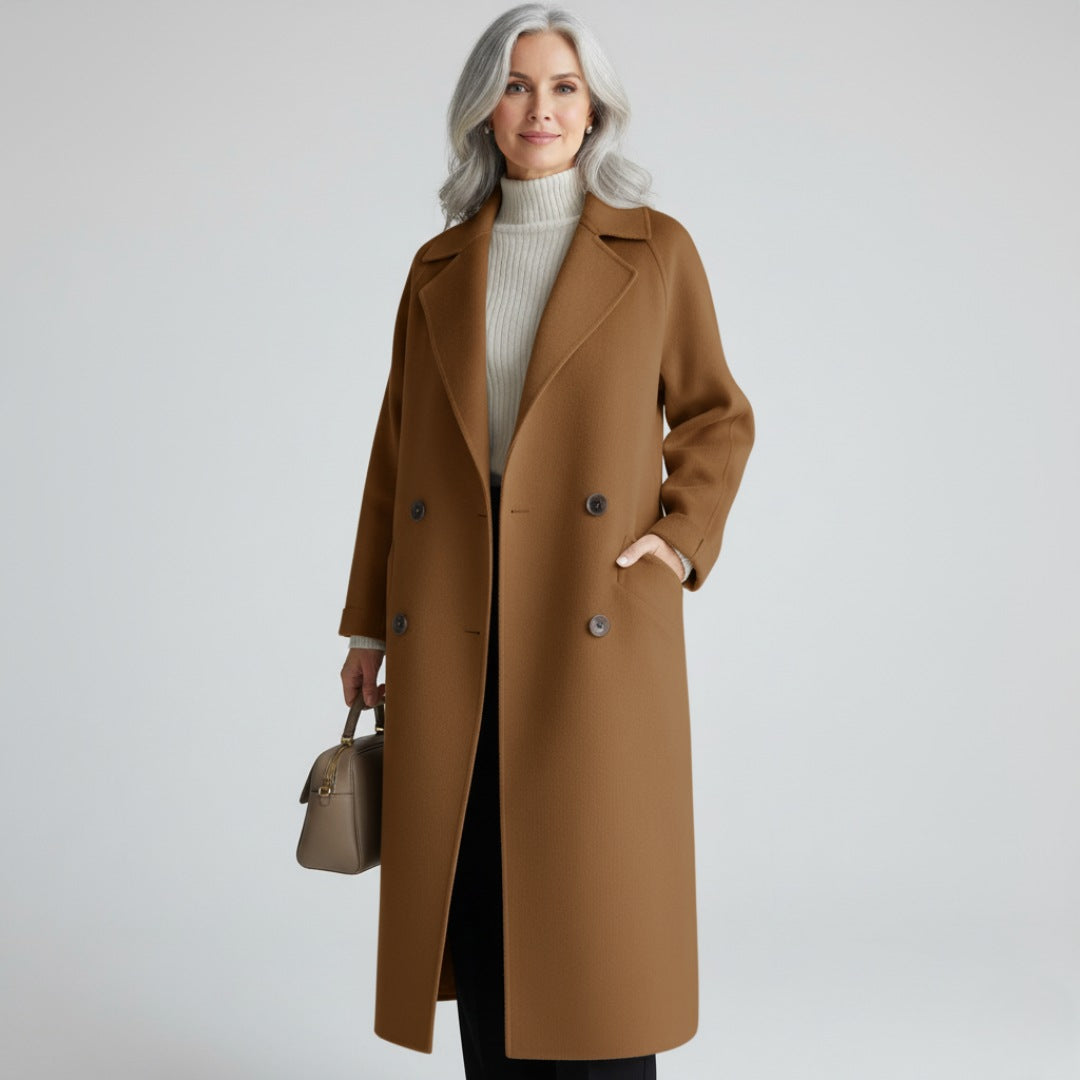 Women's longline wool-look belted coat with patch pockets - cognac