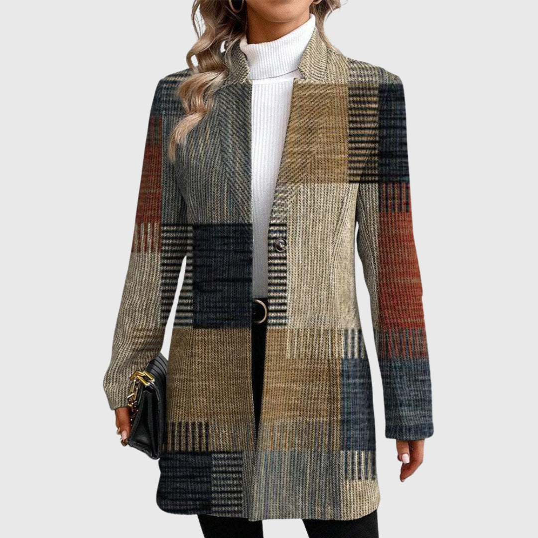 Women's longline blazer with a patchwork print in brown, grey and blue - patchwork