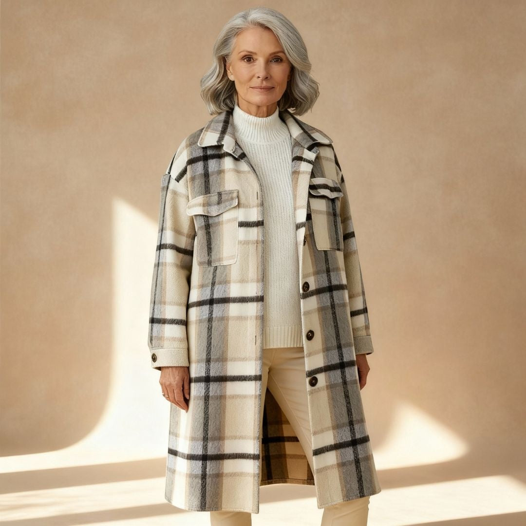 Women's longline check shacket with a shirt collar and chest pockets - cream check