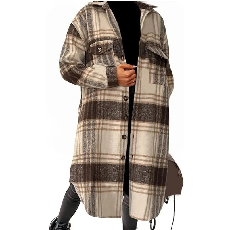 Women's longline check shacket with a shirt collar and chest pockets - brown check