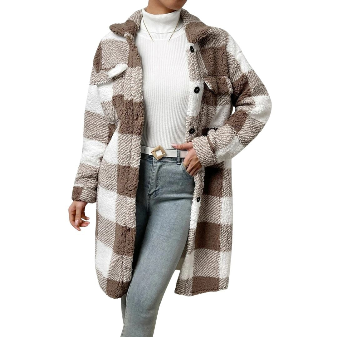 Women's longline check teddy coat with a shirt collar and chest pockets - taupe and white