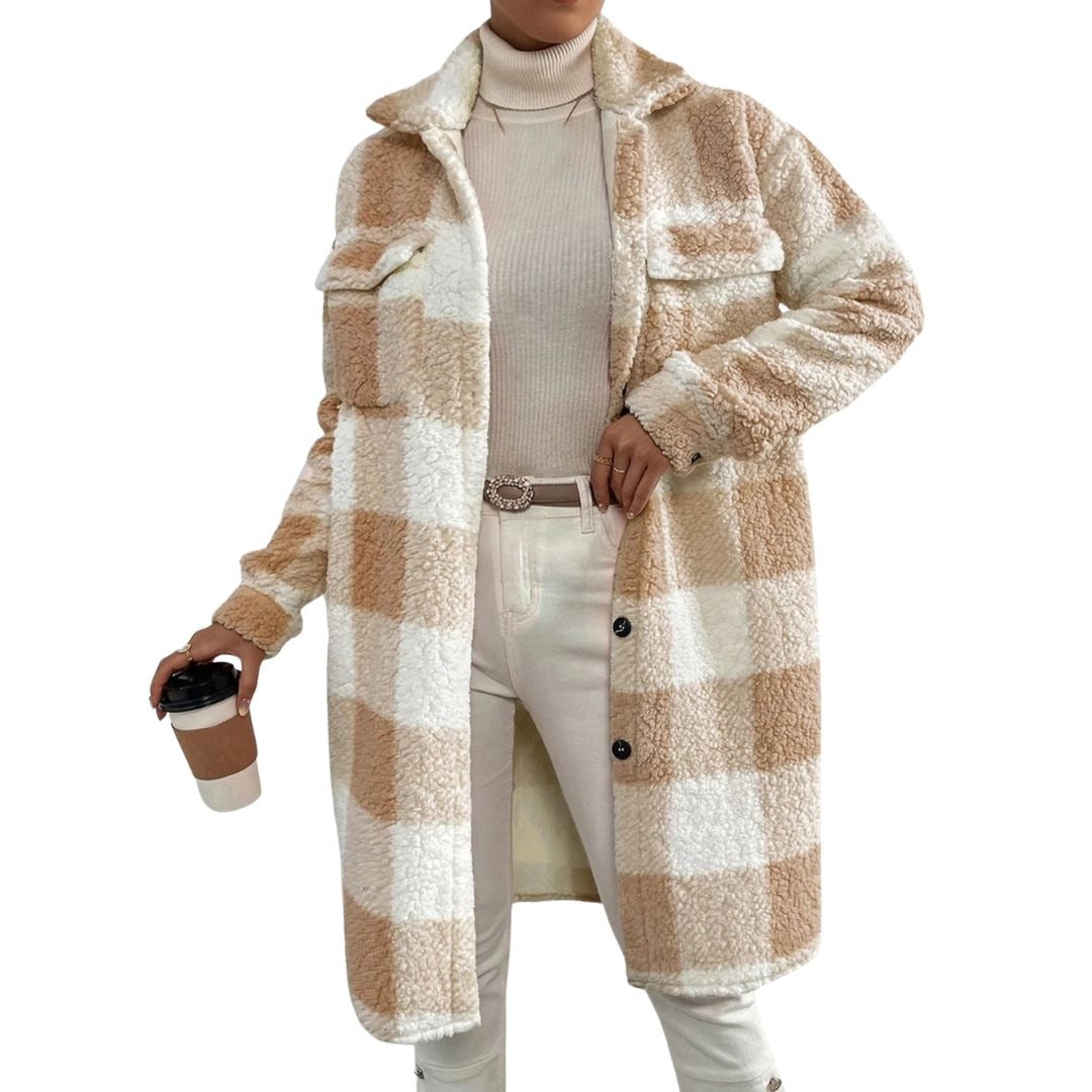 Women's longline check teddy coat with a shirt collar and chest pockets - beige and white