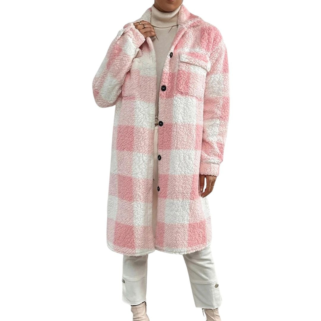 Women's longline check teddy coat with a shirt collar and chest pockets - pink and white