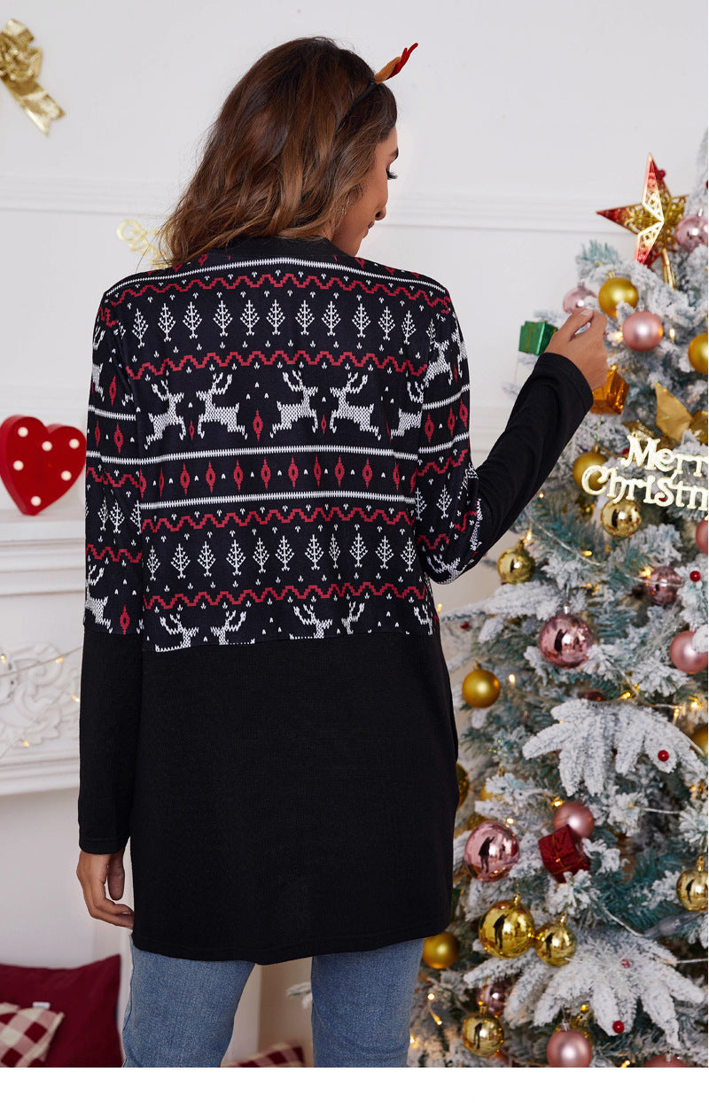 Women's longline open-front Christmas cardigan with a Fair Isle panel